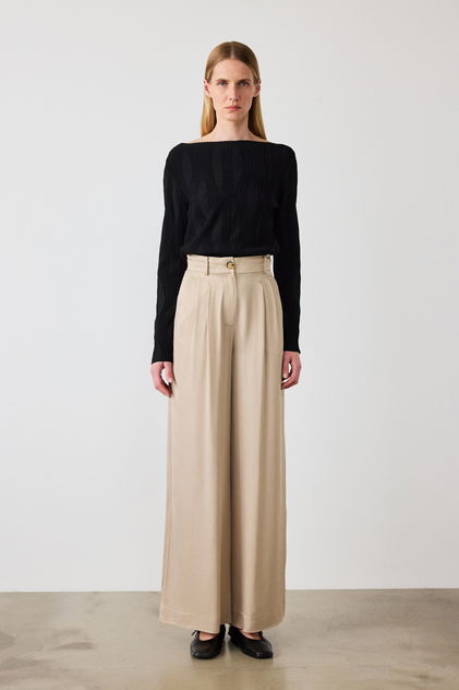 Beige Palazzo Geniş Paça Kadın Pantolon - Triko Mısırlı