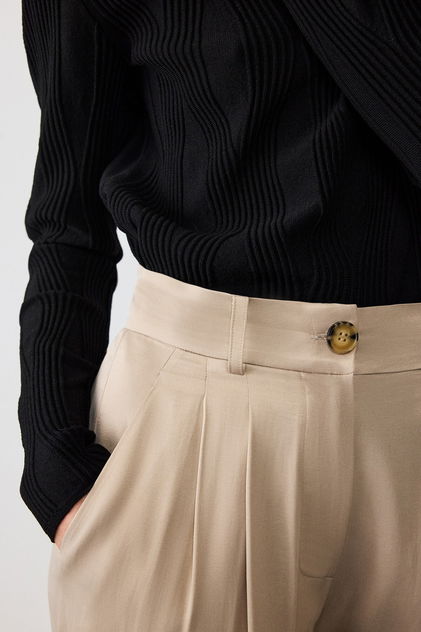 Beige Palazzo Geniş Paça Kadın Pantolon - Triko Mısırlı