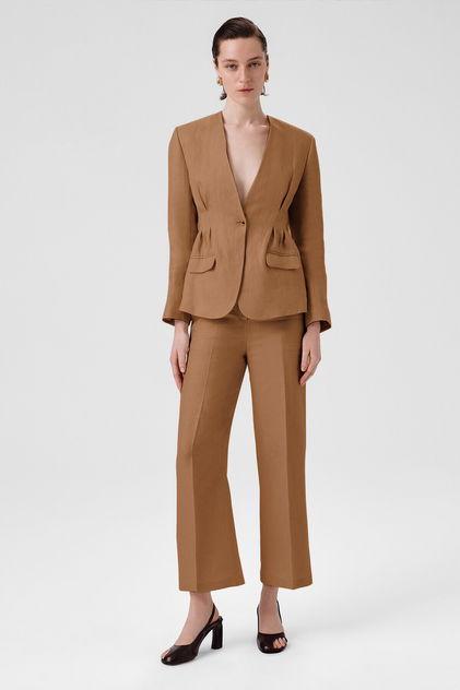 Camel Tek Düğmeli Kadın Blazer Ceket - Triko Mısırlı