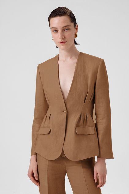 Camel Tek Düğmeli Kadın Blazer Ceket - Triko Mısırlı