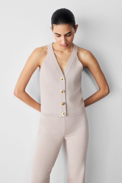 Nervürlü İspanyol Paça Beige Kadın Pantolon - Triko Mısırlı